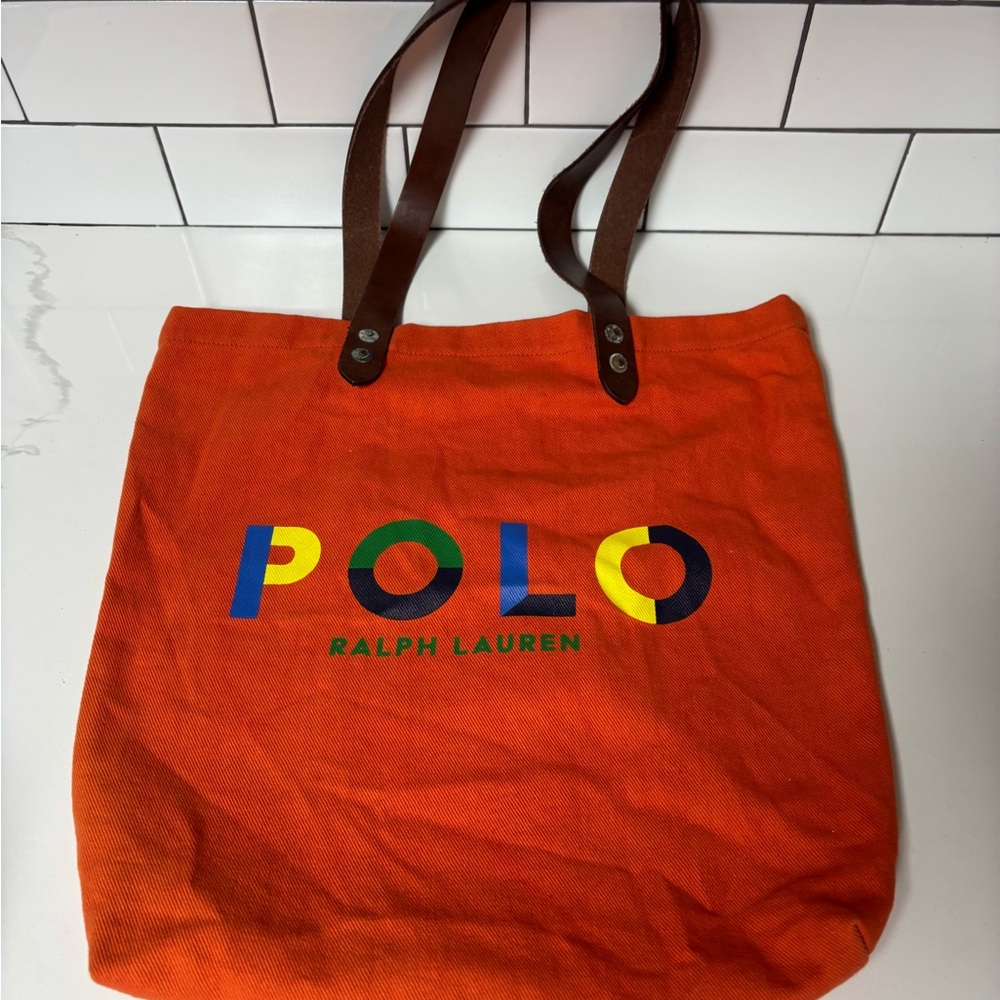Ralph Lauren POLO Logo Leather-Trim Twill Shopper Tote Shoulder Messenger Bag